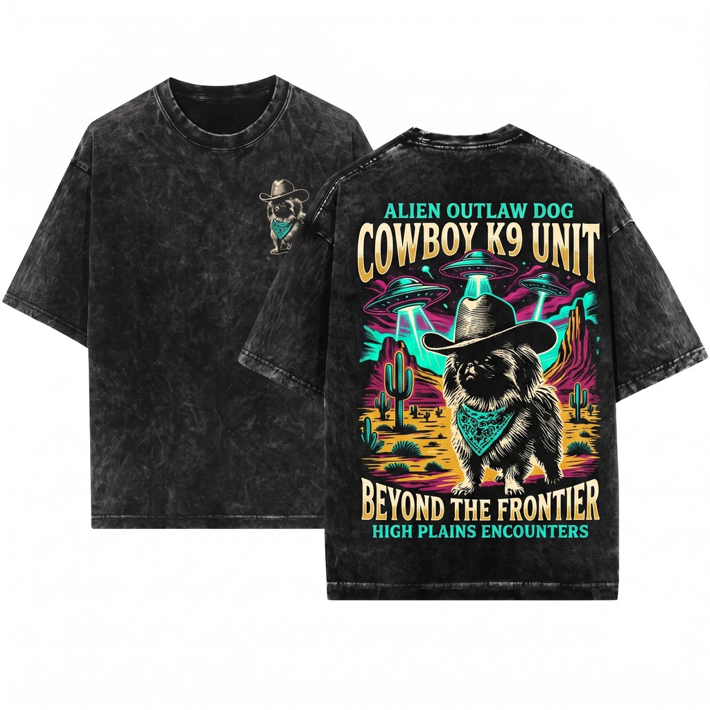Vintage Pekingese UFO Western Cowboy Retro Alien Dog Owner Gift Unisex Wash T-Shirt
