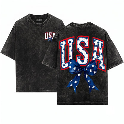 Retro Bow Ribbon Graphic Patriotic USA Pigment-Dyed Unisex Wash T-Shirt