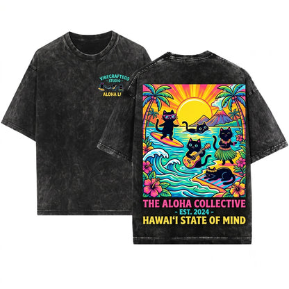 Funny Beach Vacation Aloha Surfing Black Cat Lover Unisex Wash T-Shirt