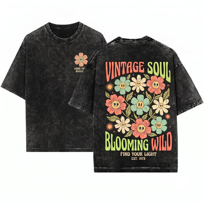 Retro Checkered Hippie Daisy Flower Crewneck Unisex Wash T-Shirt