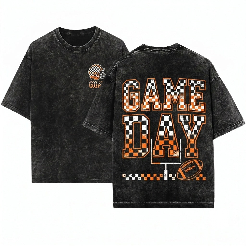 Checkered Football Game Day Tailgate Touchdown Sports Team Crew Neck Unisex Wash T-Shirt