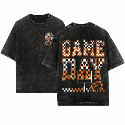 Checkered Football Game Day Tailgate Touchdown Sports Team Crew Neck Unisex Wash T-Shirt