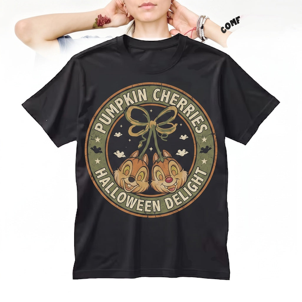 Vintage Halloween Chip Dale Pumpkin Heads Spooky Chipmunk Bow Magical Theme Park Unisex TShirt