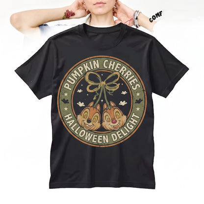 Vintage Halloween Chip Dale Pumpkin Heads Spooky Chipmunk Bow Magical Theme Park Unisex TShirt