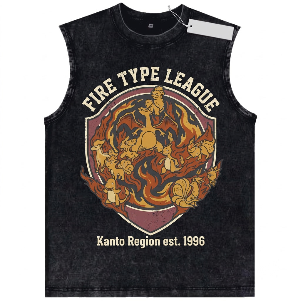 Vintage Washed Japanese Anime Flame Dragon Creature Graphic Sleeveless Gamer Gift Apparel Unisex TShirt