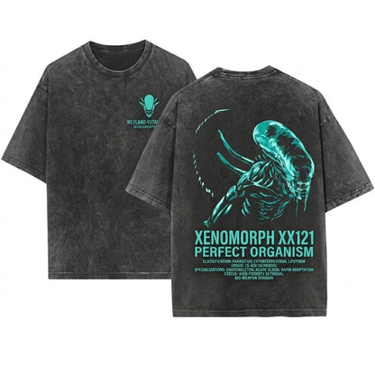 Retro Sci-Fi Horror Movie Graphic Xenomorph Alien Unisex Wash T-Shirt