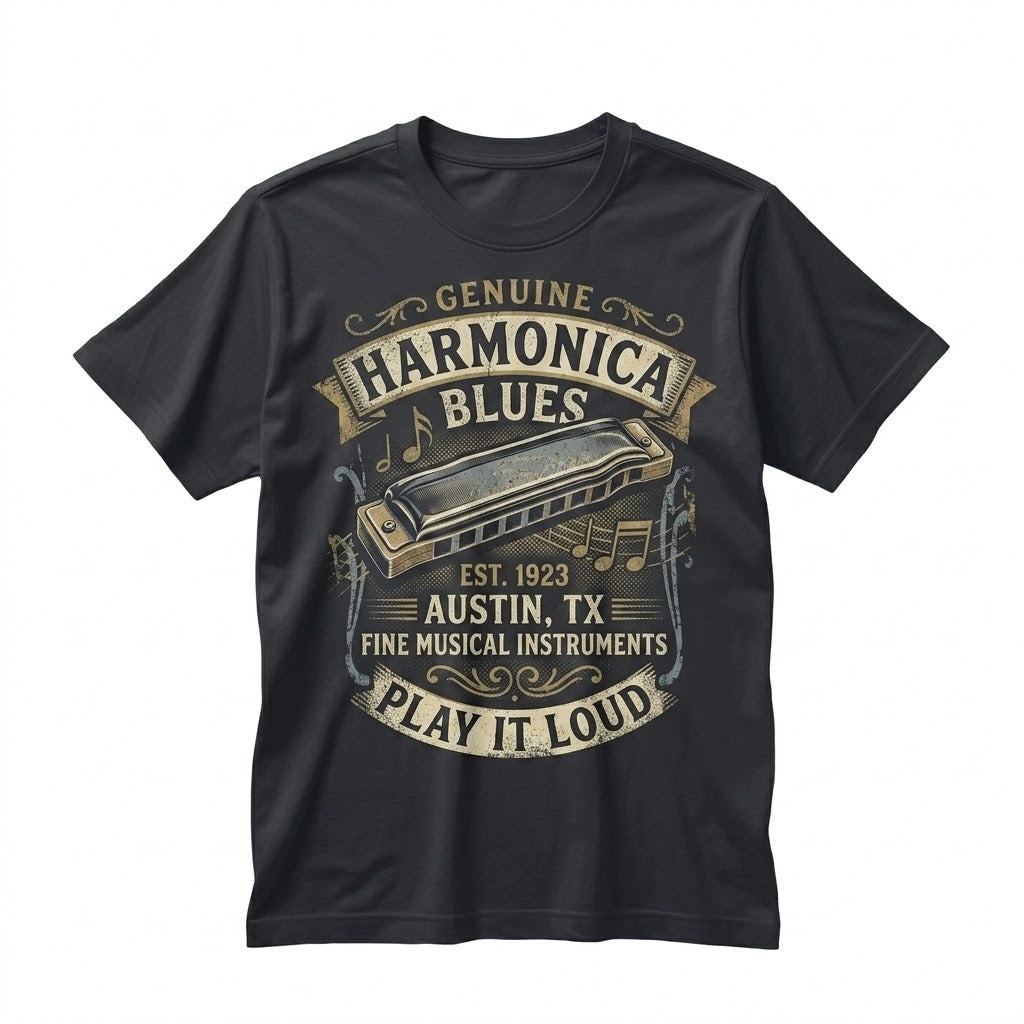 Vintage Blues Harmonica Player Retro Band Instrument Graphic Musician Gift Festival Unisex TShirt