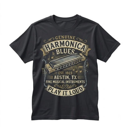Vintage Blues Harmonica Player Retro Band Instrument Graphic Musician Gift Festival Unisex TShirt