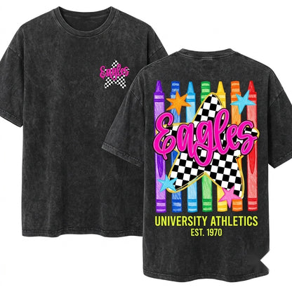 Custom Mascot School Name Back To Teacher Student Spirit Colorful Crayon Style Unisex Wash T-Shirt