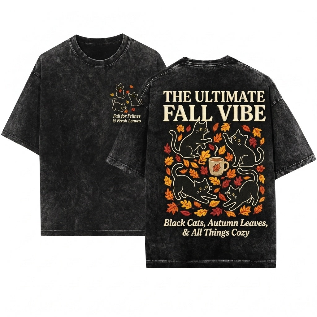 Black Cats Fall Leaves Embroidered Cozy Autumn Halloween Tee Unisex Wash T-Shirt