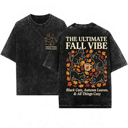 Black Cats Fall Leaves Embroidered Cozy Autumn Halloween Tee Unisex Wash T-Shirt