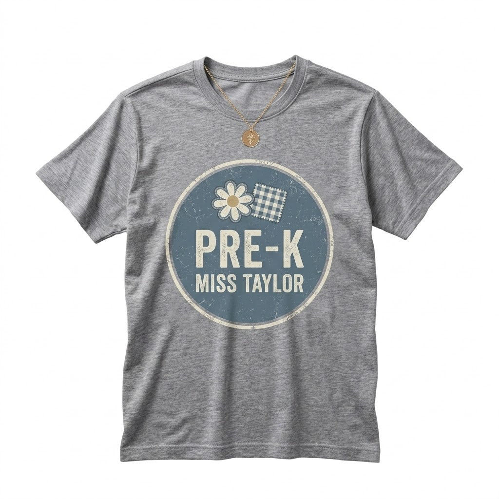 Custom Floral Blue Faux Patchwork Pre-K Teacher Preschool Grade Matching Group Educator Back to School Unisex TShirt