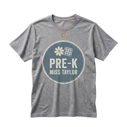 Custom Floral Blue Faux Patchwork Pre-K Teacher Preschool Grade Matching Group Educator Back to School Unisex TShirt