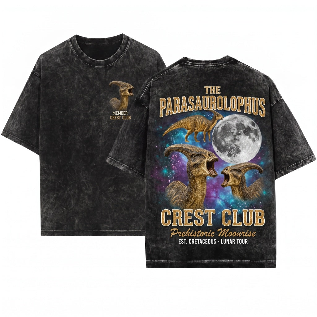 Three Parasaurolophus Moon Dinosaur Galaxy Vintage Retro Prehistoric Nature Graphic Unisex Wash T-Shirt
