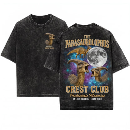 Three Parasaurolophus Moon Dinosaur Galaxy Vintage Retro Prehistoric Nature Graphic Unisex Wash T-Shirt