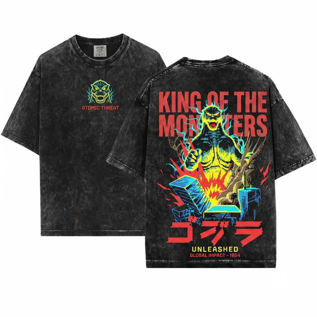 8-Bit Japanese Retro Gojira Sci-Fi Movie Graphic Kaiju Monster Unisex Wash T-Shirt