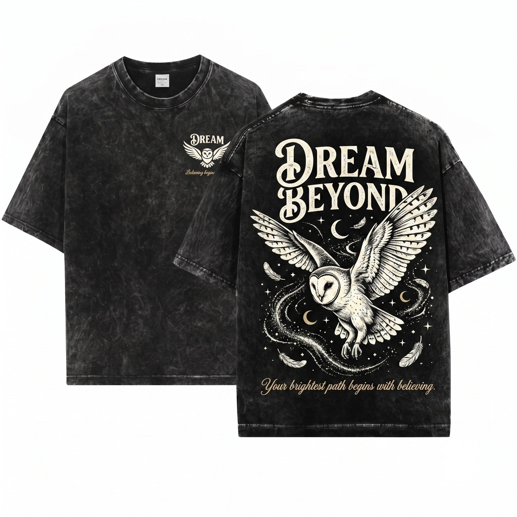 Dream Beyond Owl Inspirational Celestial 100% Cotton Graphic Unisex Wash T-Shirt