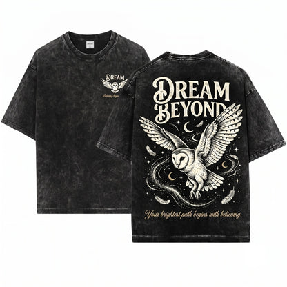 Dream Beyond Owl Inspirational Celestial 100% Cotton Graphic Unisex Wash T-Shirt