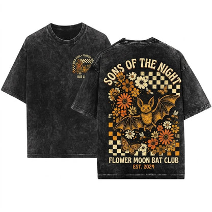 Vintage Bat Retro Halloween Graphic Gothic Aesthetic Spooky Cute Flowers Alternative Festival Unisex Wash T-Shirt
