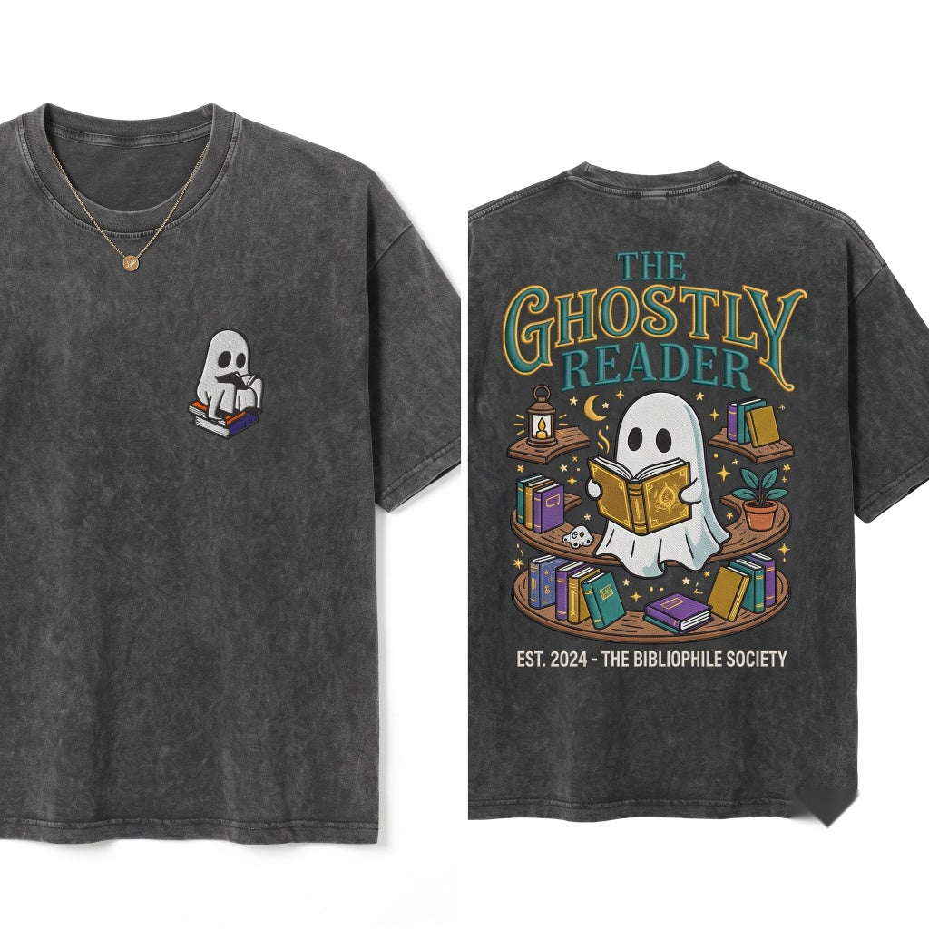 Embroidered Ghost Reading Book Boo Cozy Fall Halloween Spooky Season Teacher Gift Unisex Wash T-Shirt