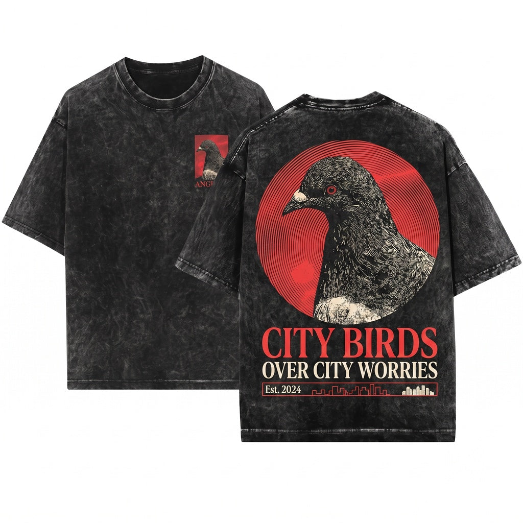 Anguish Pigeon Graphic Pullover Crewneck Sweater Heavyweight Apparel Unisex Wash T-Shirt
