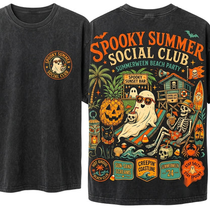 Spooky Summerween Beach Ghost Skeleton Pumpkin Retro Surf Graphic Unisex Wash T-Shirt