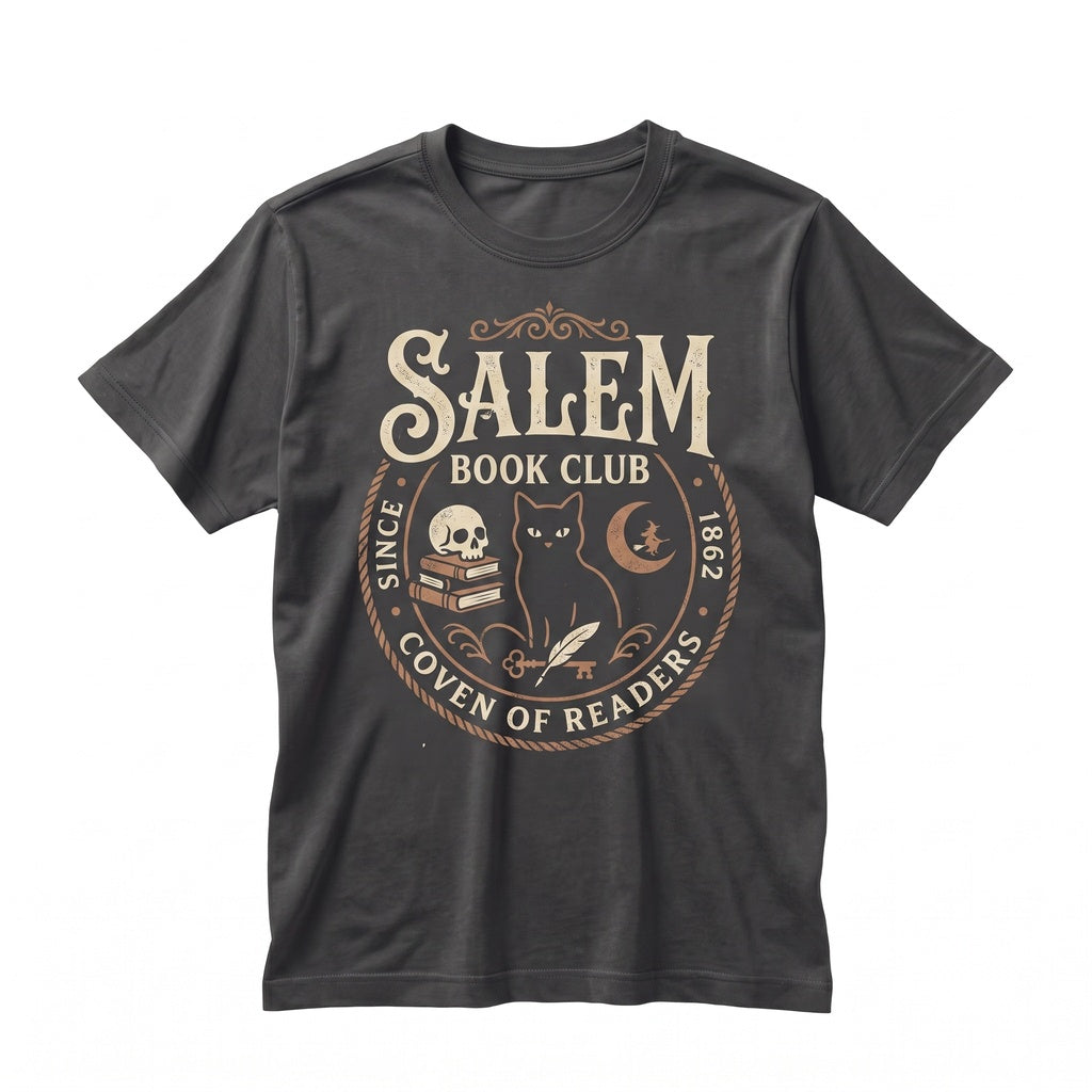Vintage Salem Book Club Halloween Graphic Spooky Black Cat Witch Apparel Unisex TShirt