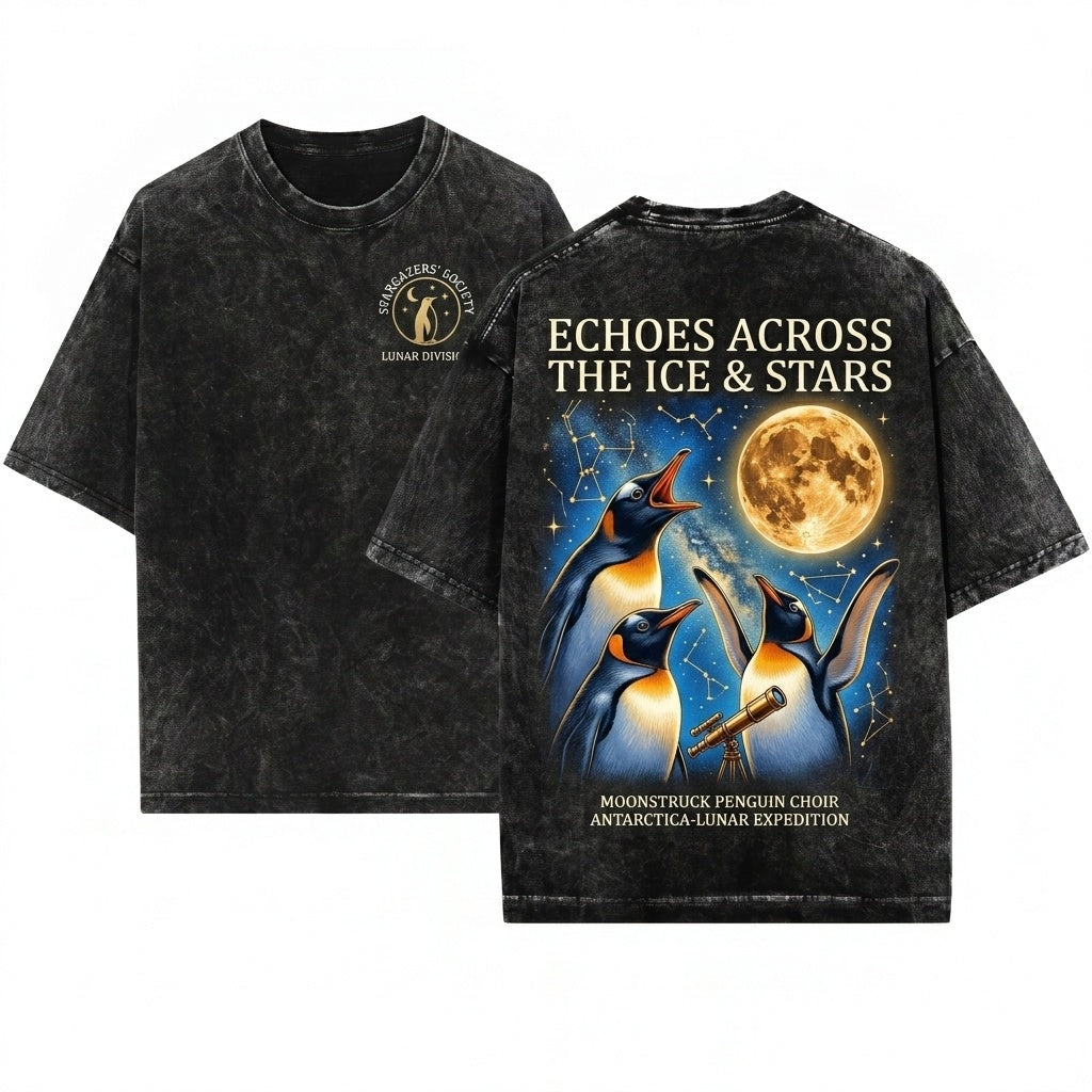 Three Gentoo Penguin Moon Vintage Cute Funny Antarctic Bird Lover Graphic Unisex Wash T-Shirt