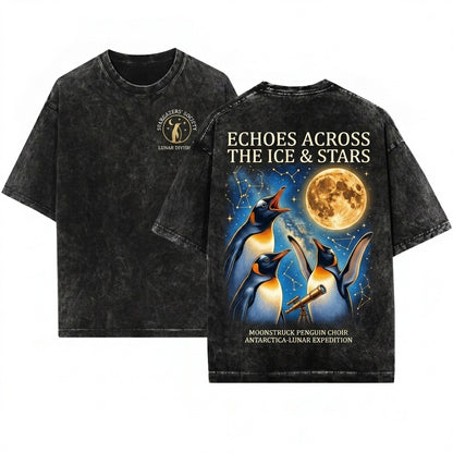 Three Gentoo Penguin Moon Vintage Cute Funny Antarctic Bird Lover Graphic Unisex Wash T-Shirt