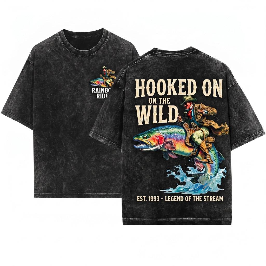 Cowboy Riding Rainbow Trout Fishing Club Rodeo Graphic Unisex Wash T-Shirt