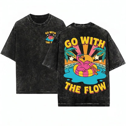 Go With The Flow Flamingo Funny Graphic Tropical Beach Summer Vacation Lake Gift Apparel Unisex Wash T-Shirt