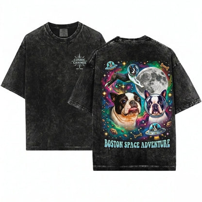 Boston Terrier Moon Galaxy Space Cosmic Dog Pet Gift Lovers Unisex Wash T-Shirt