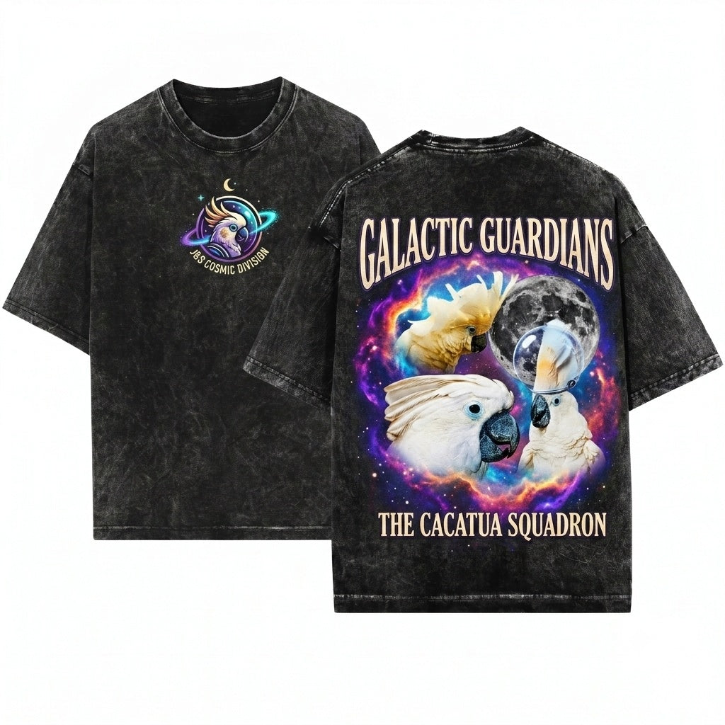 Three Umbrella Cockatoo Moon White Parrot Lover Exotic Bird Galaxy Retro Vintage Graphic Top Unisex Wash T-Shirt