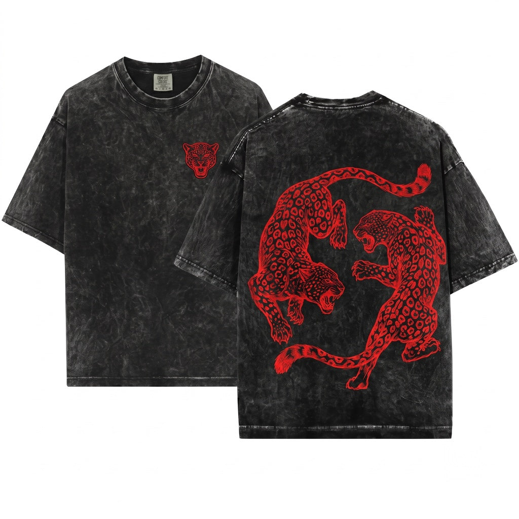 Vintage Leopard Fighting Graphic Engraved Wild Cat Retro Jungle Animal Gift Unisex Wash T-Shirt