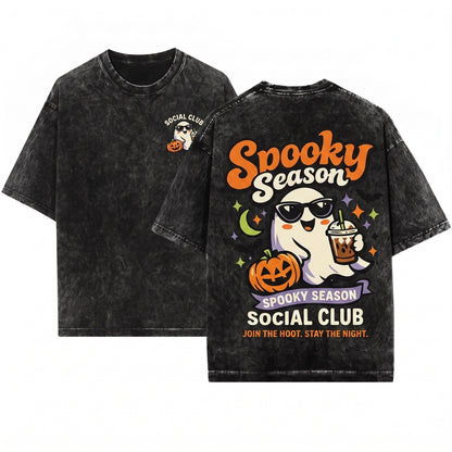 Spooky Season Funny Ghost Iced Coffee Cold Brew Halloween Graphic Apparel Unisex Wash T-Shirt