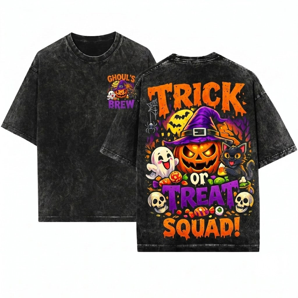 Trick or Treat Halloween Pumpkin Ghost Graphic Spooky Season Unisex Wash T-Shirt