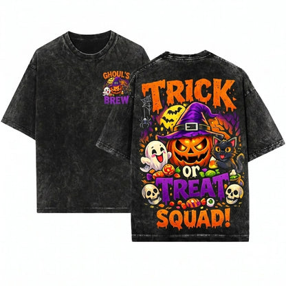 Trick or Treat Halloween Pumpkin Ghost Graphic Spooky Season Unisex Wash T-Shirt