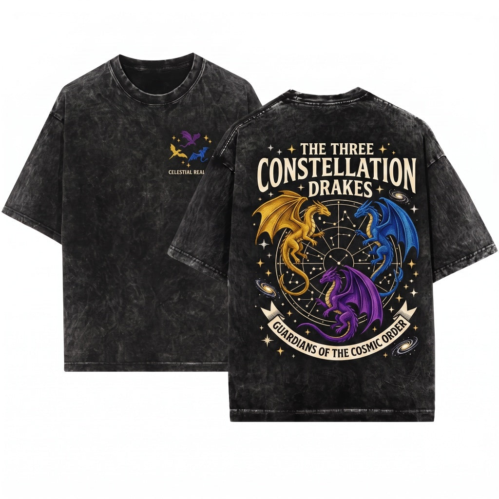 Mythical Flying Dragons Embroidered Vintage Graphic Unisex Wash T-Shirt