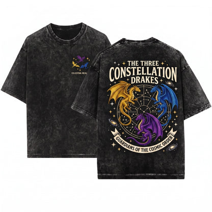 Mythical Flying Dragons Embroidered Vintage Graphic Unisex Wash T-Shirt