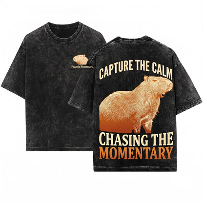 Peace Is Momentary Capybara Funny Meme Animal Graphic Vintage Chill Unisex Wash T-Shirt