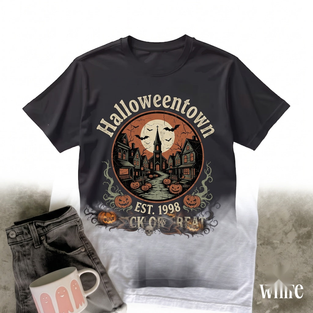 Vintage Halloween Graphic Haunted Town Pumpkin Gothic Night Scene Autumn Horror Gift Unisex TShirt