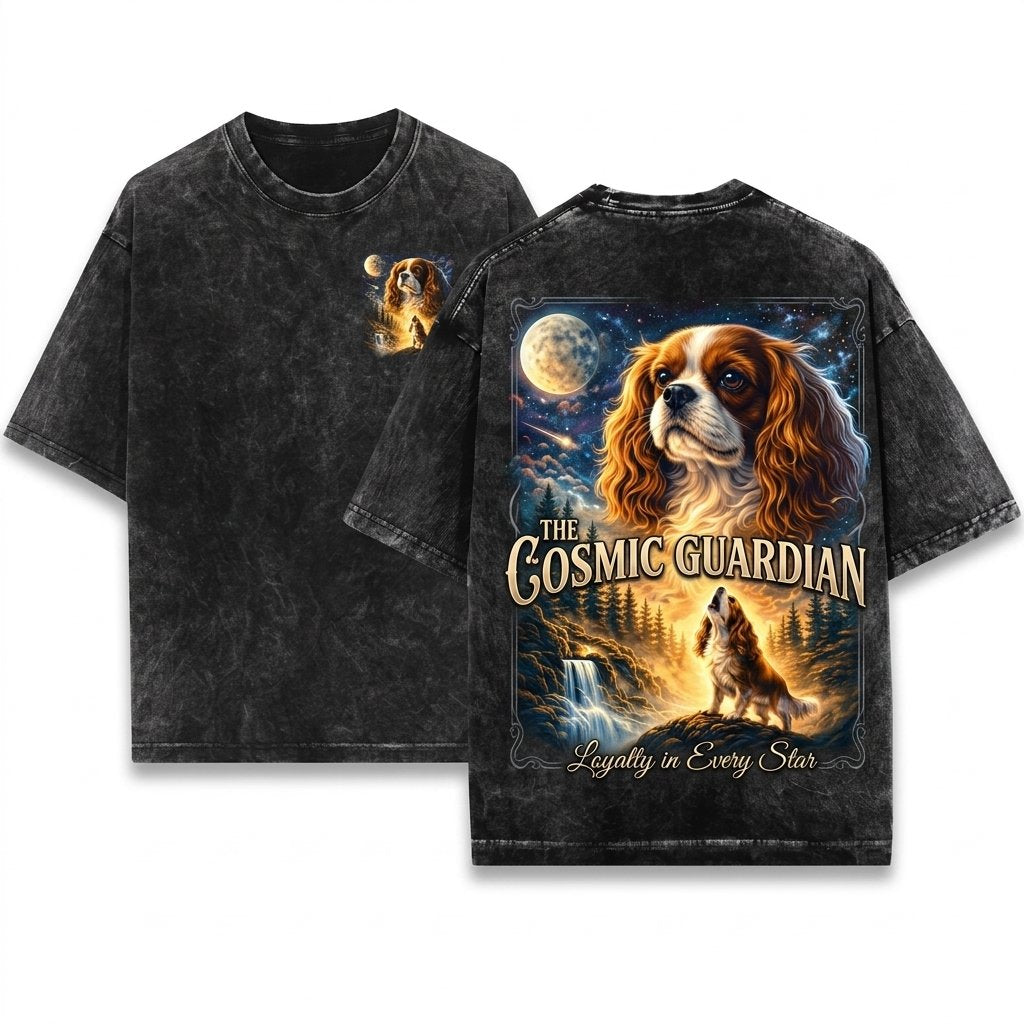 Cavalier King Charles Spaniel Howling Moon Vintage 90s Retro Animal Graphic Unisex Wash T-Shirt