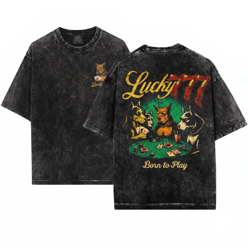 Lucky 777 Poker Dog Vintage Graphic Casino Gambler Unisex Wash T-Shirt