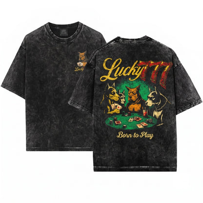 Lucky 777 Poker Dog Vintage Graphic Casino Gambler Unisex Wash T-Shirt