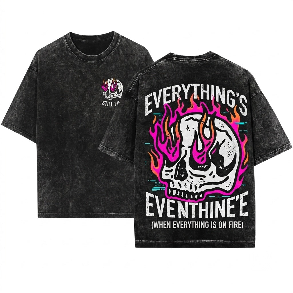 Everything is Fine Retro Grunge Sarcastic Funny Skeleton Festival Rebel Pink Flames Unisex Wash T-Shirt
