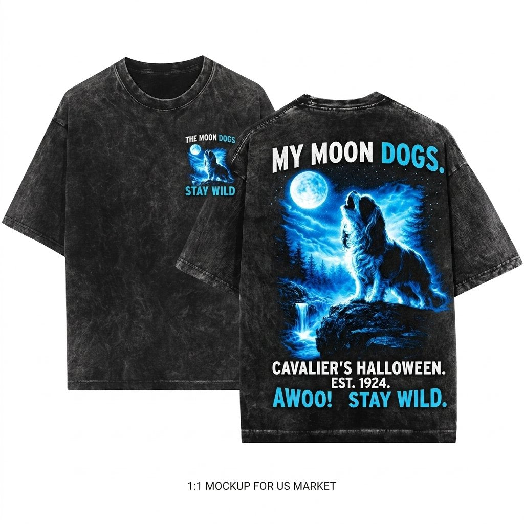 Cavalier Howling Vintage 90s Retro Animal Graphic Spaniel Silly Full Moon Dog Unisex Wash T-Shirt