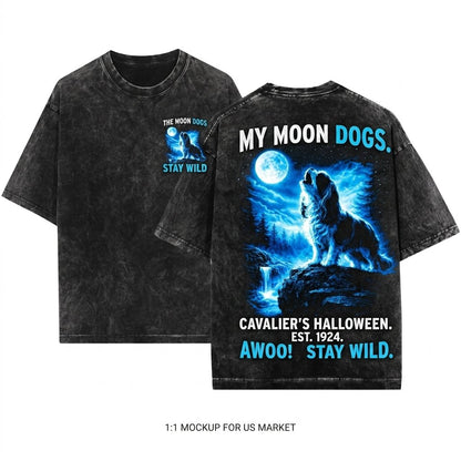 Cavalier Howling Vintage 90s Retro Animal Graphic Spaniel Silly Full Moon Dog Unisex Wash T-Shirt