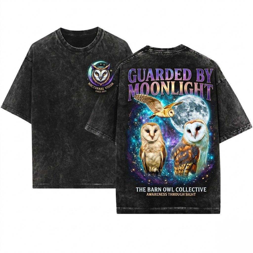 Three Barn Owl Retro Graphic Vintage Moon Bird Animal Lovers Gift Oversized Unisex Wash T-Shirt