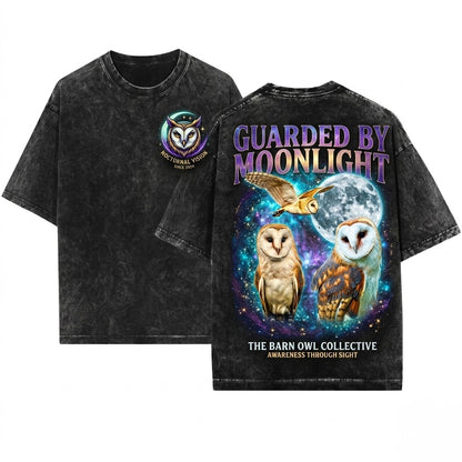 Three Barn Owl Retro Graphic Vintage Moon Bird Animal Lovers Gift Oversized Unisex Wash T-Shirt