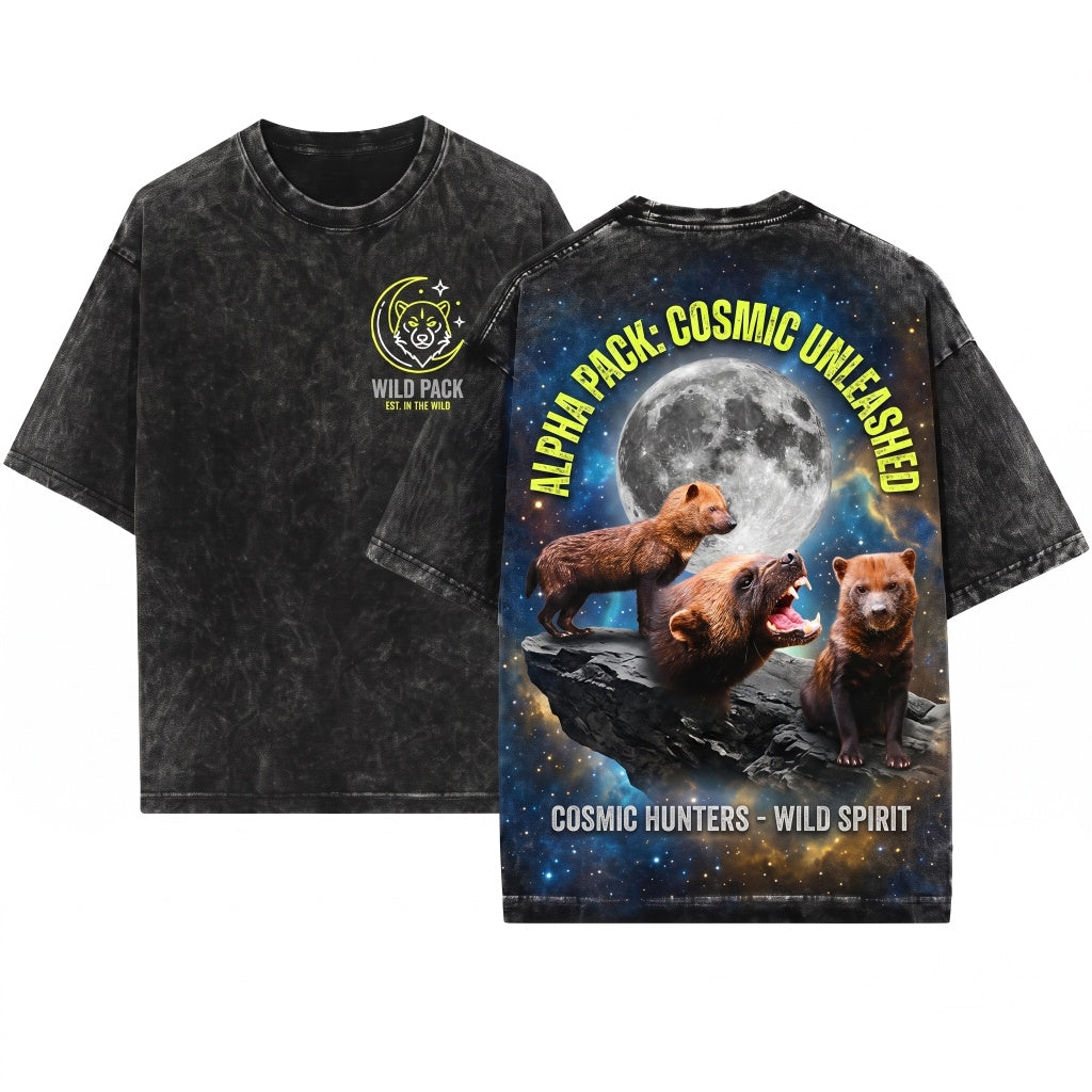 Three Wolverine Moon Vintage Gulo Galaxy Cosmic Mustelid Graphic Wild Animal Lover Space Gift Unisex Wash T-Shirt
